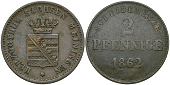 Саксен-Мейнинген 2 пфеннига 1862 Бернгард II (1803-1866) KM 171, Jaeger 448, AKS 215 медь 99-637