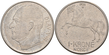 НОРВЕГИЯ 1 КРОНА 1971 ОЛАФ V KM 409 медно-никель 106-316