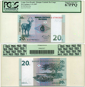 ДР Конго 20 сантимов 1997 в слабе PCGS 67 Superb Gem New Pick 83a бумага UNC (пресс) 452-1-117
