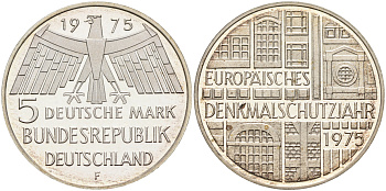 ФРГ 5 марок 1975 F, Европейский год охраны памятников J. 417, KM 142.1 серебро PROOF 02-119-13