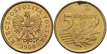 Польша 5 грошей 1998 MW KM 278, Parchimowicz 703e латунь 4580-549