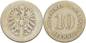 ГЕРМАНИЯ 10 ПФЕННИГОВ 1874 СТАРОГЕРБОВКА KM 4, J. 4, Weege 7 медно-никель 261-1213