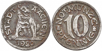 Германия, Ахен 10 пфеннигов 1920 нотгельд, земля Северный Рейн-Вестфалия Funck 1.1 железо 3856-1023