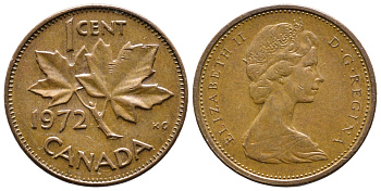 Канада 1 цент 1972 Елизавета II (1952-2022), кленовый лист KM 59.1 бронза 177-1011
