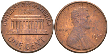 США 1 ЦЕНТ 1969 D, ЛИНКОЛЬН KM 201 медь цинк 187-1157
