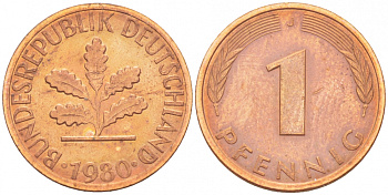 ФРГ 1 ПФЕННИГ 1980 J KM 105, J.380 сталь плакированная медью 4396-1531
