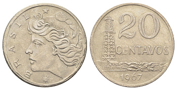 Бразилия 20 сентаво 1967 год-тип KM 579.1 медно-никель UNC 4646-746