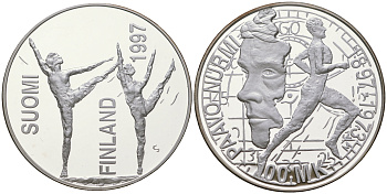 Финляндия 100 марок 1997 Стадион Пааво в Турку, гимнастика KM 84 серебро  PROOF  1095-2-44