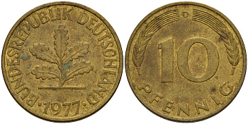 ФРГ 10 пфеннигов 1977 D J. 383, KM 108 сталь плакированная латунью    4603-432