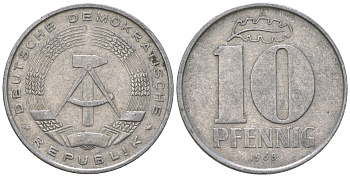 ГДР 10 пфеннигов 1968 A KM 10 алюминий 3459-614
