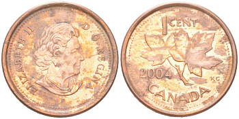 Канада 1 цент 2004 Елизавета II, кленовый лист KM 490a сталь плакированная медью 4611-431