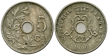 Бельгия 5 сантимов 1906 Belgie, Леопольд II (1865-1909) KM 55 медно-никель 4173-151