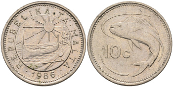 Мальта 10 центов 1986 золотая макрель KM 76 медно-никель 4588-146