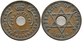 Нигерия 1/2 пенни 1959 Елизавета II (1952-), Британский протекторат KM 1 бронза 4387-553