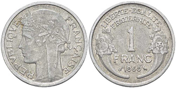ФРАНЦИЯ 1 ФРАНК 1959 ТИП MORLON, LEGERE KM 885a.1, LE FRANC 221.23 алюминий 175-447