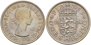 Великобритания 1 шиллинг 1954 Елизавета II (1952-2022), Английский герб KM 904, Spink 4147 медно-никель 4153-911