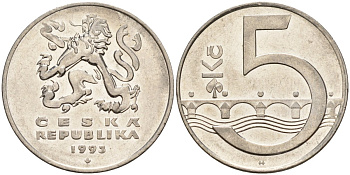 Чехия 5 крон 1993 чешский лев, Карлов мост KM 8 сталь плакированная никелем 4156-212