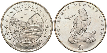 Эритрея 1 доллар 1996 берегите планету Земля - Средиземноморский сокол KM 37 медно-никель BU 4368-724