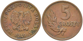 ПОЛЬША 5 ГРОШЕЙ 1949 KM 41, Parchimowicz 203a бронза 87-1143