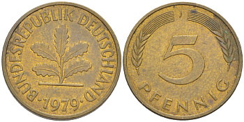ФРГ 5 ПФЕННИГОВ 1979 J KM 107, J. 382 сталь плакированная латунью 4181-965