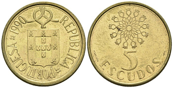 Португалия 5 эскудо 1990 KM 632 никель латунь 4148-451