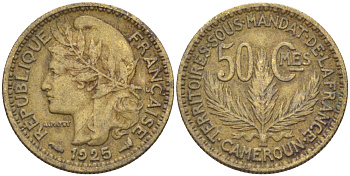 Французский Камерун 50 сантимов 1925 (а), монетный двор Париж KM 1 алюминиевая бронза 4608-951