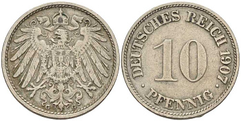 Германия 10 пфеннигов 1907 G KM 12, J. 13 медно-никель 31-135
