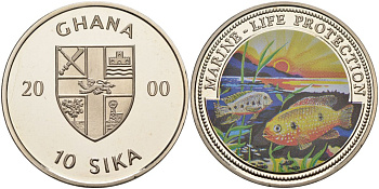 Гана 10 сика 2000 защита морской жизни, две рыбы, цветная эмаль KM 213 медно-никель PROOF 04-138-44