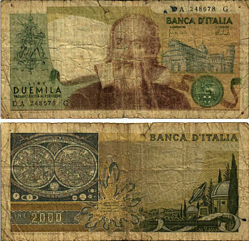 Италия 2000 лир 1973 Галилео, Пизанская башня Pick 103а бумага VG-F 7222-61-1-1