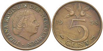 НИДЕРЛАНДЫ 5 ЦЕНТОВ 1958 ЮЛИАНА KM 181 бронза 3856-1225