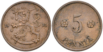 ФИНЛЯНДИЯ 5 ПЕННИ 1935 KM 22 медь 192-1251
