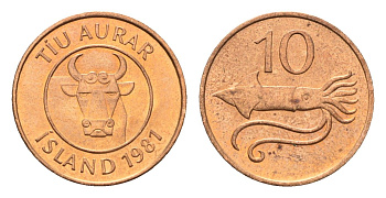Исландия 10 эйре 1981 кальмар KM 25 бронза UNC 4647-1212