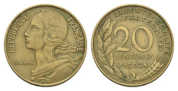 Франция 20 сантимов 1962 тип Marianne KM 930 медь алюминий никель 4681-651