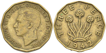 Великобритания 3 пенса 1942 Георг VI (1936-1952) KM 849, Spink 4112 никель латунь 175-615