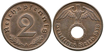 Германия 2 рейхспфеннига 1938 A KM 90, J. 362 бронза 176-923