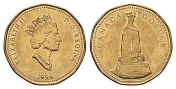 Канада 1 доллар 1994 Национальный мемориал KM 248 никель плакированный бронзой aUNC 110-1252