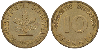 ФРГ 10 пфеннигов 1950 J KM 108, J. 383 сталь плакированная латунью 4132-531
