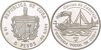 Куба 5 песо 1993 история почтовых пароходов Кубы, толстые буквы и венок, "9" в дате с загнутым хвостиком KM 524.3 серебро  PROOF  1087-6-75