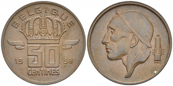БЕЛЬГИЯ 50 САНТИМОВ 1958 BELGIQUE KM 148.1 бронза 3996-1245