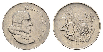 ЮАР 20 центов 1965 Ян ван Рибек (1619-1677), Suid Africa, легенда на африкаанс, цветок протея KM 69.2 никель 4693-652