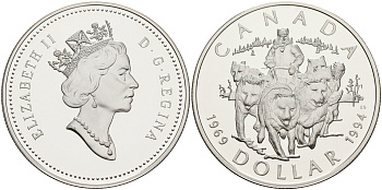 Канада 1 доллар 1994 25 лет RCMP - Патрульной службе на собачьих упряжках KM 251 серебро PROOF 1076-2-64