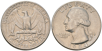 США 25 центов (квотер) 1984 P, Вашингтон KM A164a медь плакированная медно-никелем 4175-417