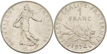 ФРАНЦИЯ 1 ФРАНК 1974 СЕЯТЕЛЬ KM 925.1, LE FRANC 226.19 никель 217-1125