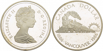Канада 1 доллар 1986 100 лет Ванкуверу, паровоз KM 149 серебро PROOF 1068-4-44