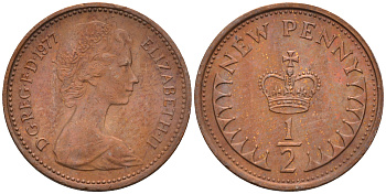 Великобритания 1/2 пенни 1977 Елизавета II (1952-2022) KM 914, Spink 4239 бронза 4588-1268