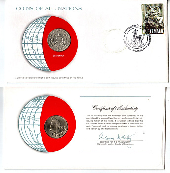 Гватемала 25 сентаво 1979 конверт с маркой первого дня гашения, Coins of Nations KM 278 медно-никель UNC 4295-13-2