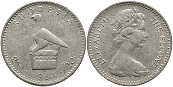 Британская Родезия 2 шиллинга (20 центов) 1964 Елизавета II (1953-), головной убор с птицей KM 3 медно-никель 00-00
