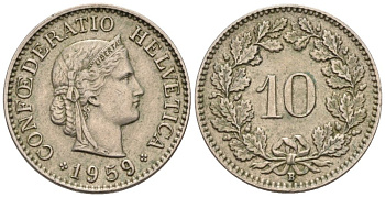 Швейцария 10 раппенов 1959 В KM 27 медно-никель 4576-949