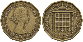 Великобритания 3 пенса 1955 Елизавета II (1952-2022) KM 900, Spink 4153 никель латунь 4146-337