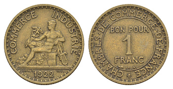 Франция 1 франк 1922 KM 876, Le Franc 218.4 алюминиевая бронза 4657-1042